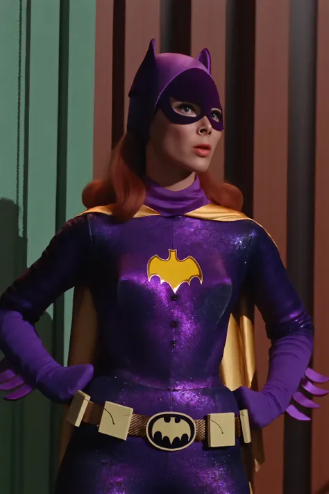 Hot sexy black woman as Batgirl, African American woman as Batgirl, Black Batgirl, 60s Batgirl, retro purple Batgirl costume, big breast, retro red hair, makeup, purple Batgirl gloves, purple and yellow Batgirl cape, full purple Batgirl cowl, purple Batgir...