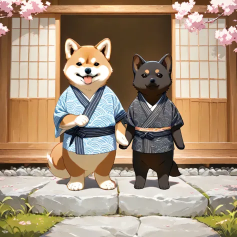 Two anthropomorphic Shiba Inus are standing side by side. One has light brown fur with white markings, and the other has black fur with lighter markings. Both have rounded faces, small black puppy-like eyes, and symmetrical forward-facing ears. They are we...