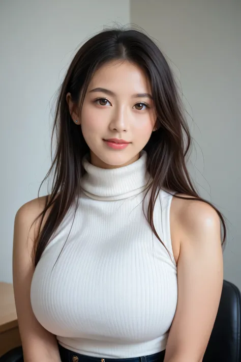 ((masterpiece, best quality, 最HDのKiによる撮影, HD , photorealistic, RAW photos , highly detailed CG integrated 8K wallpaper)), 1 girl , alone, beautiful young woman, Realistic Skin Texture , office, ((( turtleneck , , Sleeveless, 細いupper body, a slig...