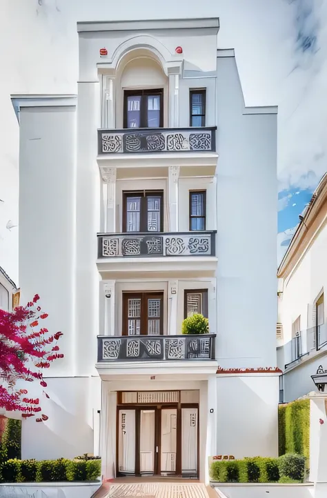 PLATEFORME KTHOUSE, Beaucoup de belles fleurs rouges le long de la route, Romantique, 1 maison de style néoclassique, La maison de ville est faite de murs blancs, Belle lumière, journée de beauté, ensoleillé, Beaucoup de bougainvilliers rouges le long de l...