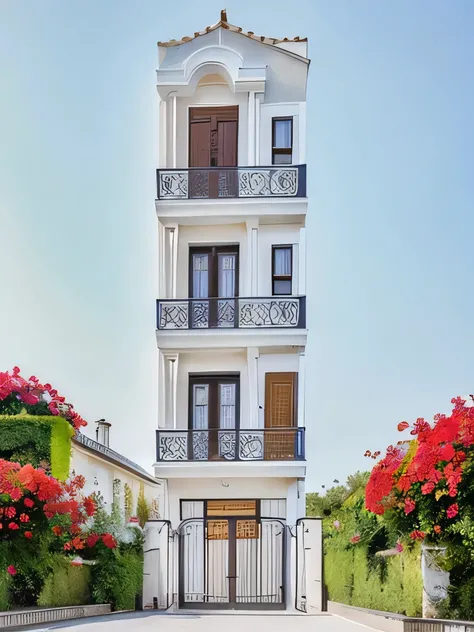 PLATEFORME KTHOUSE, Beaucoup de belles fleurs rouges le long de la route, Romantique, 1 maison de style néoclassique, La maison de ville est faite de murs blancs, Belle lumière, journée de beauté, ensoleillé, Beaucoup de bougainvilliers rouges le long de l...