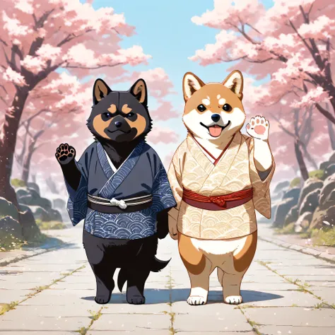 Two anthropomorphic Shiba Inus are standing side by side. One has light brown fur with white markings, and the other has black fur with lighter markings. Both have rounded faces, small black puppy-like eyes, and symmetrical forward-facing ears. They are we...