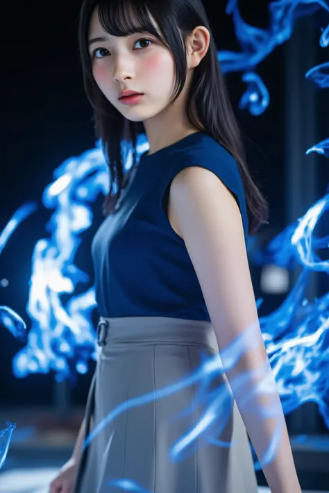 A woman wearing a sacred blue flame 18 years old intense flash face high school uniform