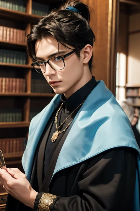 ((medieval European aristocrat's luxurious black costume))light blue eyes((Light Blue Iris))Hanging eyeでstares（A Man with a Black Ponytail）Hanging eye（Jabot）とてもHanging eyeの美男性は四角の細眼鏡細く高い鼻、Very thin jaws（Silky Skin 30 Year Old Male１people）A man with smooth ...