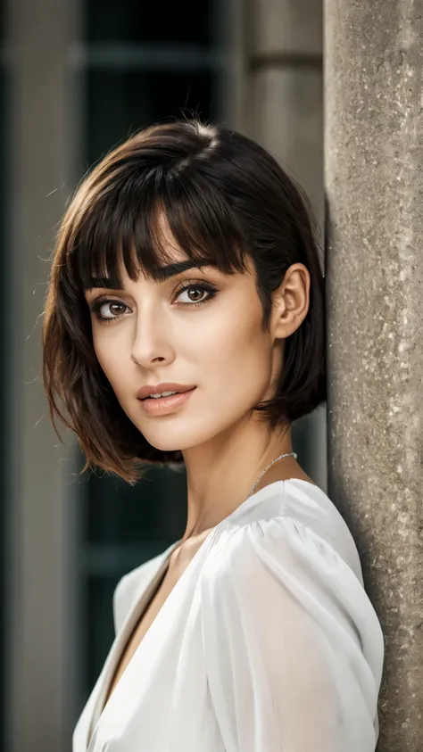masterpiece, best quality, a beautiful woman with long shiny hair, choppy bangs, delicate face, passionate gaze, perfect smille, blush, seductive expression, tall and fit figure, perfect body, perfect skin, seductive pose, sexy Futuristic Technological Nan...
