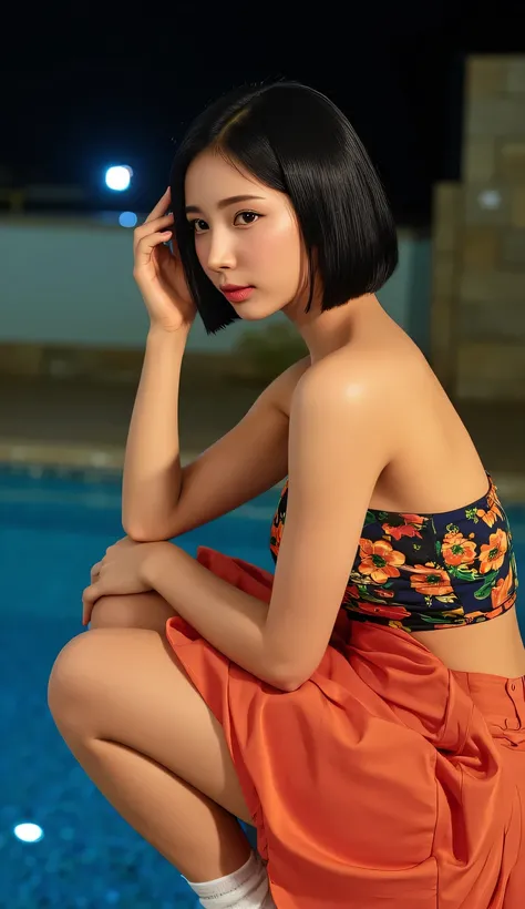 NSFW((midynight, Need, 8K, tmasterpiece:1.3)),(best quality,realistic:1.4), Original Photo, 1Girl,wearing vibrant colored dresses,focus on small round breast,sexy pose,in a color pastle dress,ariola, low cut dress, sakimichan, color pastle dress,with flora...