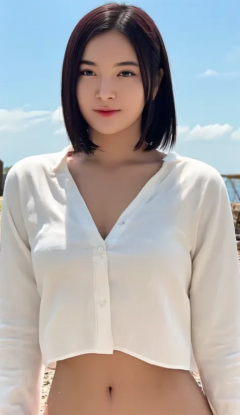 Japanese women、 slender figure、 beautiful skin in NFSW、 shows the whole body、 top quality 、 flat chest、 small breasts、wet t-shirt,white shirt、nipples,in the beach、Glaring at the camera