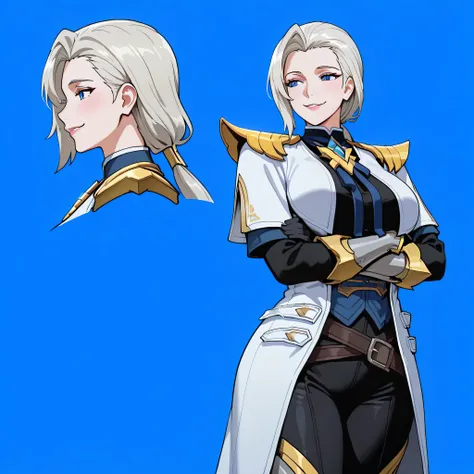Silvanna base,a mature woman,blue eyes,light blond hair,long haircut,low ponytail,side bangs,Long white gabardine coat with gold details,golden shoulder pads decorated with sharp tips,black shirt,blue bow, open coat,Gloves, black sleeves with gold trim,tig...