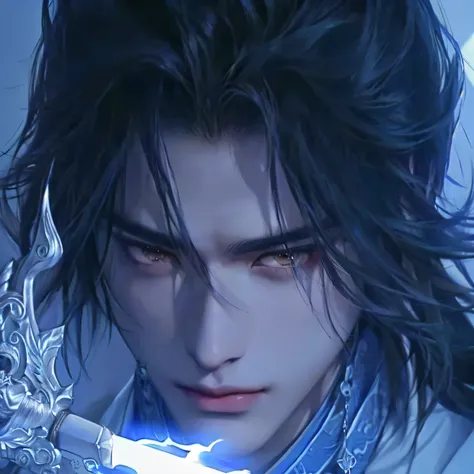 ,Close-up shot of a man holding a sword in a dark room, Handsome guy in Demon Slayer style, xianxia hero, Zhao Yun, heise jinyao, author:Yang J, xianxia fantasy, wuxia, Ge Qing in the original God , Neutral, was inspired by Zhao Yuan , xianxia