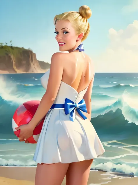 nsfw, photorealistic, masterpiece, best quality, intricate details, bestquality, uhd, 8k, extremely detailed, hyper-detailed, soft lighting, light blonde wavy hair, full frontal, ((front view)), ((38 years old beautiful very wet light blonde pinup woman st...