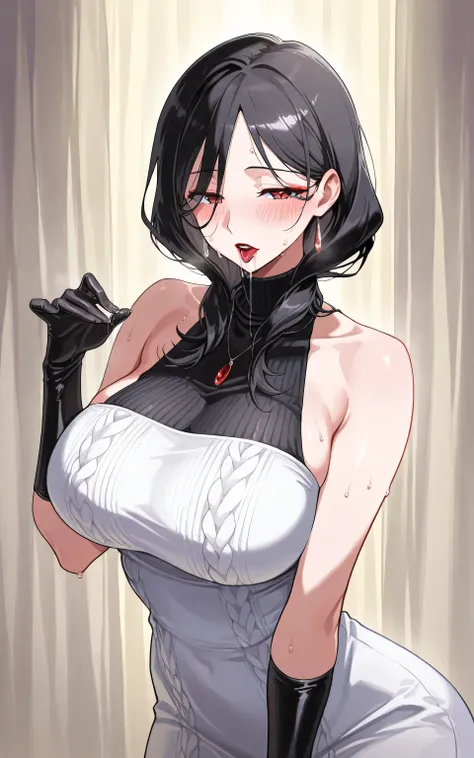 score_9, score_8_up , score_7_up , ASCII masterpiece, source_anime,solo, mature women with erections,anatomically accurate,perfect face,beautiful, Well-formed eyes,red lipstick,beautiful肌,(( )),black turtleneck knit dress from the front,バストup バスト ブロンド,spli...