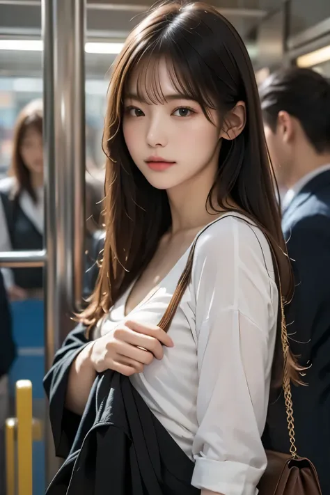 realistic、high image quality、Detailed、8K、((inside a Japanese subway car))、((仕事帰りで疲れてsleeping女性))、((sleeping2.0))、((座席に座り下を向きsleeping2.0))、1 woman、woman holding a bag、suits、black jacket、shirt、holding a bag、sleeping、((bundling long hair behind))、 has bangs、(...
