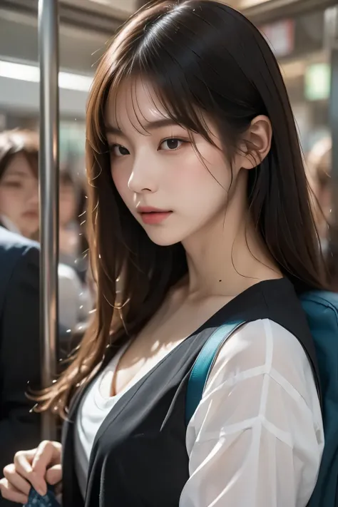 realistic、high image quality、Detailed、8K、((inside a Japanese subway car))、((仕事帰りで疲れてsleeping女性))、((sleeping2.0))、((座席に座り下を向きsleeping2.0))、1 woman、((side view))、suits、black jacket、shirt、holding a bag、sleeping、((bundling long hair behind))、 has bangs、((long ...