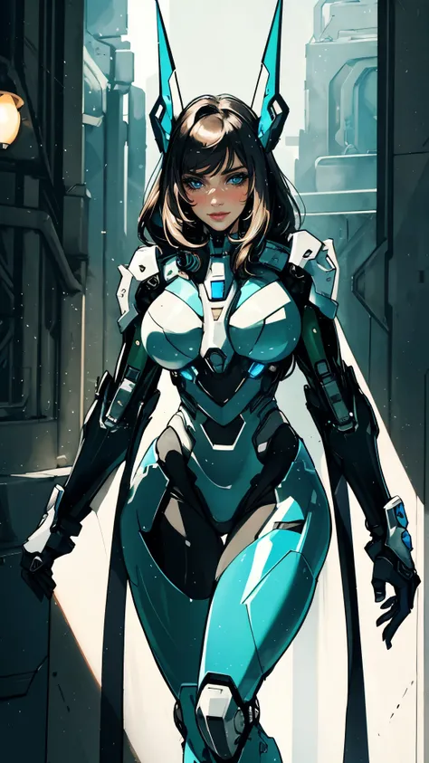 masterpiece, best quality, a beautiful woman with long shiny hair, choppy bangs, delicate face, passionate gaze, perfect smille, blush, seductive expression, tall and fit figure, perfect body, perfect skin, seductive pose, sexy Futuristic Technological Nan...