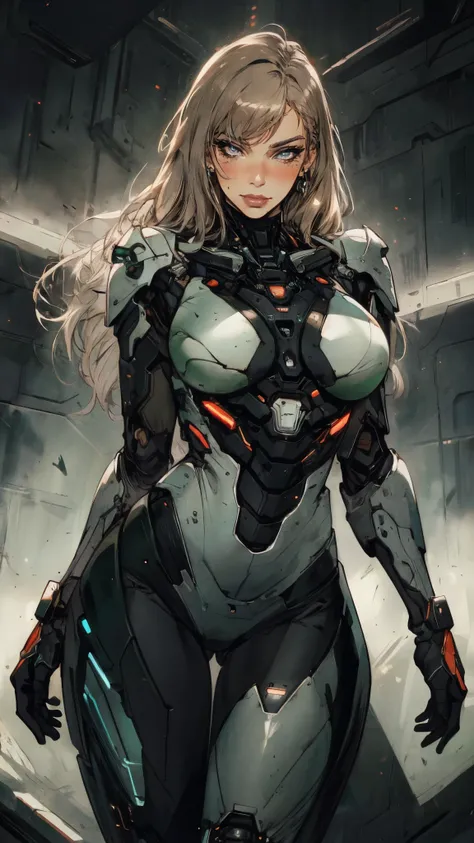 masterpiece, best quality, a beautiful woman with long shiny hair, choppy bangs, delicate face, passionate gaze, perfect smille, blush, seductive expression, tall and fit figure, perfect body, perfect skin, seductive pose, sexy Futuristic Technological Nan...