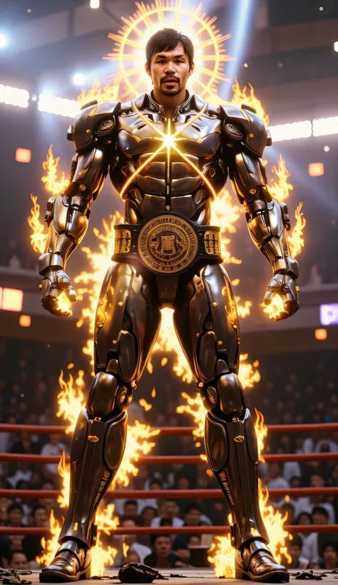 "Pacquake": A colossal god-like titan with the realistic human head of Manny Pacquiao, emerging from a muscular, fiery mech-warrior body. The figure stands in a heroic pose over a shattered boxing arena. His body is sculpted with divine proportions—steel m...