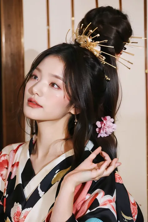 beautiful woman highlighting her lower lip１peopleは大きな目が眠たそう((Strong angled eye))The most beautiful woman in the world with a very, very thin jaw has thin lips((Gorgeous obi、豪華な hairpin)Beautiful, smooth, silky skin((very long black hair))accurate顔の25歳女性たれ目...