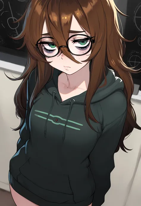 1girl, Masterpiece, Best Quality, High Details, High Quality, glasses, brown hair, freckles, green eyes, lean, long hair, hair between eyes, bags under eyes, nerd, hoodie, eyelashes, dark circles under eyes, cowboy shot angle