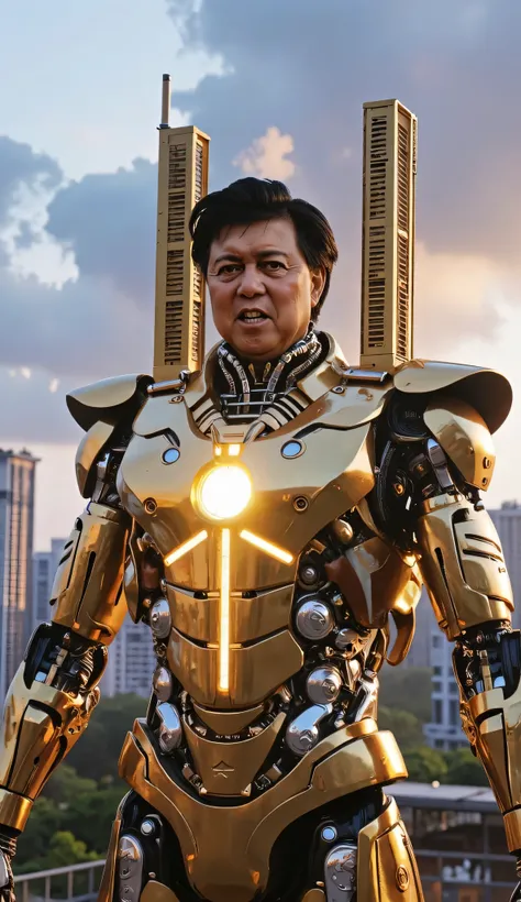 "Goldmakina": A colossal golden mech titan with the realistic human head of Manny Villar, seamlessly integrated into a robotic body. The mech’s frame is crafted from gleaming gold and reflective glass, with skyscrapers rising from its back like spires. The...