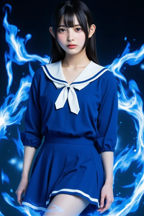 A woman wearing a sacred blue flame 18 years old intense flash face high school sailor suit