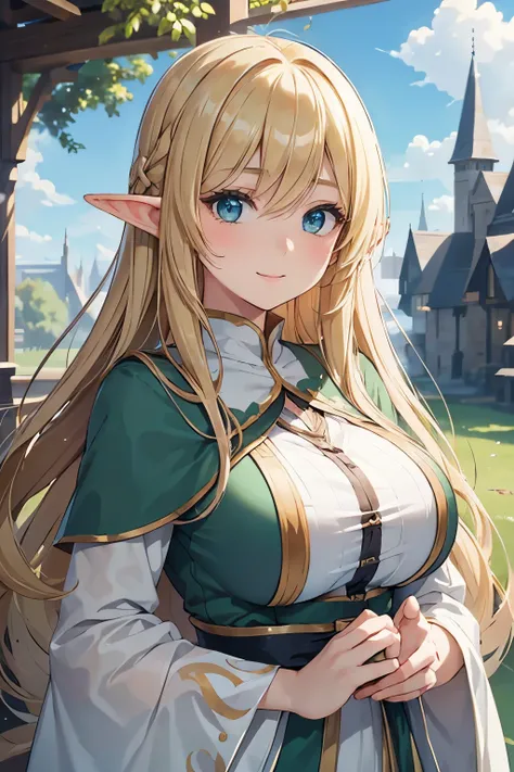  masterpiece, best quality, high resolution, girl, blonde Hair, green eyes, (big round anime eyes), (long eyelashes), (cute style), long hair, big breasts, elven robe, elf, [Smile]、glass、blue sky、hand up