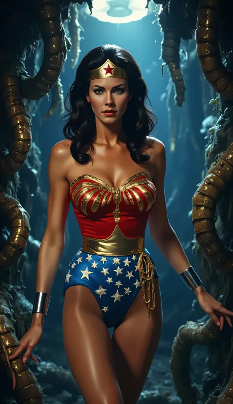 Full-body portrait of Wonder Woman (Lynda Carter style), captured in peril or danger-themed scenarios, cinematic lighting, ultra-detailed costume with red bustier, golden eagle emblem, blue star-spangled shorts, silver bracelets, and glowing lasso. Situati...