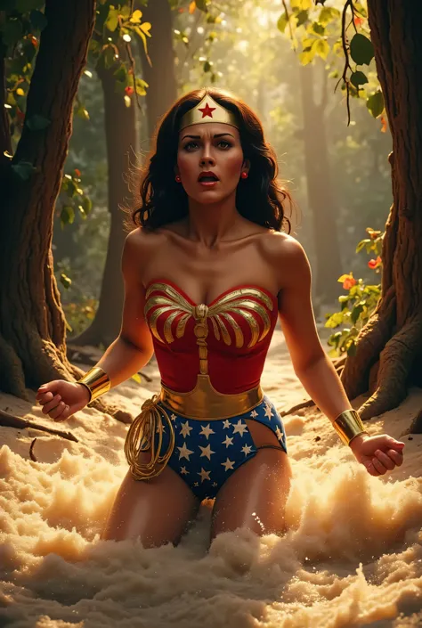 ¾ body of Wonder Woman (Lynda Carter style), sinking waist-deep in thick quicksand, arms pushing upward in struggle, alarmed expression, jungle vines and golden sunlight filtering through trees behind her, glowing lasso tangled at her side, high-detail, 4K...