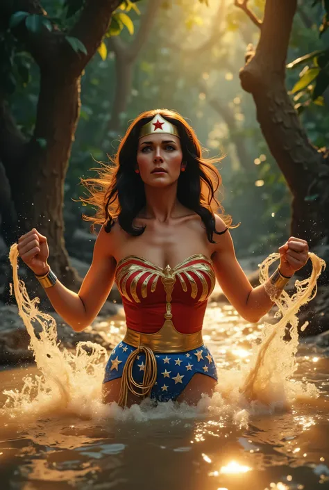 ¾ body of Wonder Woman (Lynda Carter style), sinking waist-deep in thick quicksand, arms pushing upward in struggle, alarmed expression, jungle vines and golden sunlight filtering through trees behind her, glowing lasso tangled at her side, high-detail, 4K...