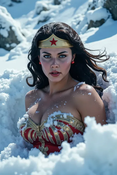¾ body shot of Wonder Woman buried waist-deep in fresh snow after a sudden avalanche, bruised but defiant, cold wind whipping her hair, ice crystals on her costume, towering peaks behind her, soft snow texture, cinematic contrast, ultra-detailed, 4K HDR re...