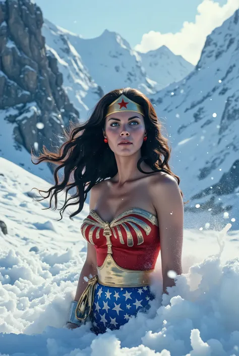 ¾ body shot of Wonder Woman buried waist-deep in fresh snow after a sudden avalanche, bruised but defiant, cold wind whipping her hair, ice crystals on her costume, towering peaks behind her, soft snow texture, cinematic contrast, ultra-detailed, 4K HDR re...