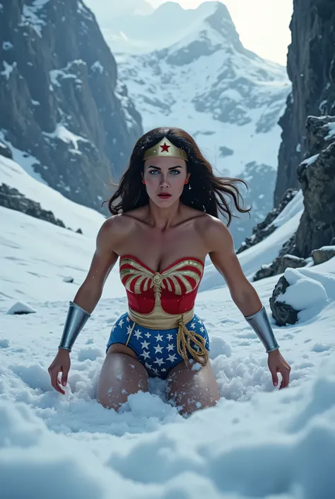 ¾ body shot of Wonder Woman buried waist-deep in fresh snow after a sudden avalanche, bruised but defiant, cold wind whipping her hair, ice crystals on her costume, towering peaks behind her, soft snow texture, cinematic contrast, ultra-detailed, 4K HDR re...
