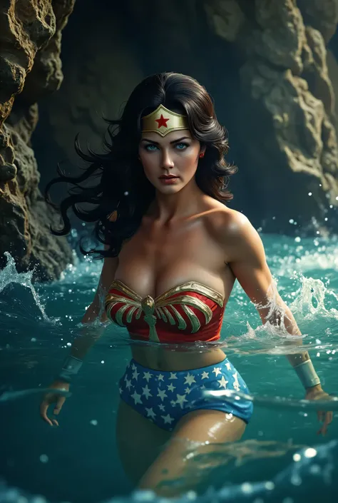 ¾ body of Wonder Woman waist-deep in rising tide inside a rocky sea cave, water glowing from sunlight filtering through cracks, soaked costume clinging to her, intense expression, lasso floating, rock textures highly detailed, natural wet lighting, 4K HDR.