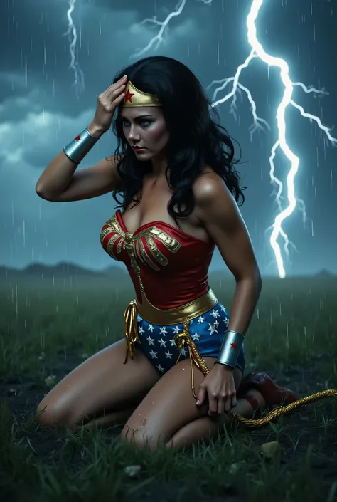 ¾ view of Wonder Woman kneeling in a grassy field under a lightning-filled sky, soaking wet from rain, hair stuck to her face, torn costume, golden lasso trailing in the mud, one hand shielding her eyes from the storm, HDR sky lighting, ultra-realistic, 4K...