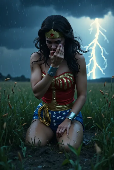 ¾ view of Wonder Woman kneeling in a grassy field under a lightning-filled sky, soaking wet from rain, hair stuck to her face, torn costume, golden lasso trailing in the mud, one hand shielding her eyes from the storm, HDR sky lighting, ultra-realistic, 4K...