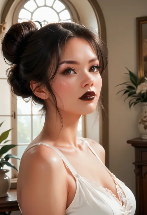 ((Perfect Face, Black Hair Bun, Brown Eyes, Black Thick Lips, Female Beautiful)), (Anime Girl, Illustration, Drawn, Portrait, Solo)