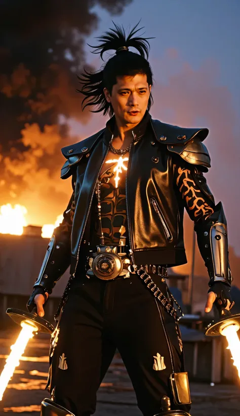 "Actionhero Rex": A colossal dragon-warrior kaiju with the photo-realistic head of Robin Padilla, seamlessly integrated onto a hyper-realistic humanoid dragon body. His body is clad in a battle-worn black leather jacket fused with metallic armor plating, g...