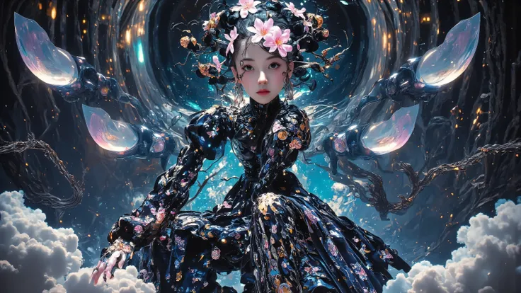Ashley Wood , background , depicting a young woman's surreal anime art {x} showing the abstract body and charming patterns of a dream queen。 as if she were bouncing out of a vortex ,Artwork with parallax effect , creates a deep hallucinatory effect 。