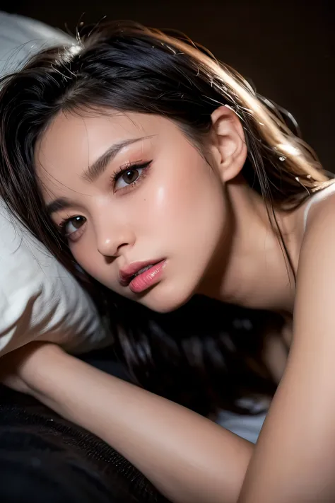 on the bed, in a dim lit dark room, a vibrant young-adult lady, lying face down with arms placed under face, resting face on the arms, blank eyes, close-up shot focus on the upper body from the side, undressed see-through lingerie bra, blushing, begging ex...