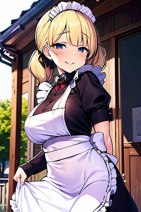 Young girl、blonde twin tails、blue eyes、maid clothes、Western-style building