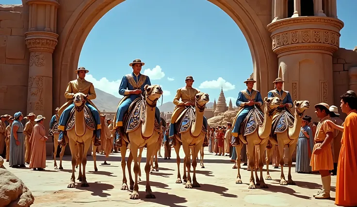 1950s, still film, Image is a widescreen movie still depicting a grand procession of camels and riders in an ancient architectural setting. The scene is framed by large stone arches with intricate carvings, suggesting a historical or epic film. The camels ...