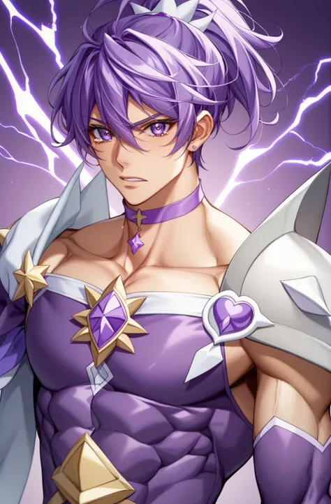 score 9 、score 8 up、score 7 up、source anime、masterpiece、Highest Quality、high resolution、anime coloring、1boy、cure sword、(male:1.5)、Boy character with purple hair、high short ponytail hair、spade shape hair ornament、solo、portrait of Magic Boy、boy in purple dre...