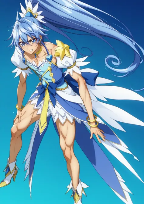 score 9 、score 8 up、score 7 up、source anime、masterpiece、Highest Quality、high resolution、anime coloring、1boy、cure diamond、(male:1.5)、Boy character with blue hair、high long ponytail hair、dia shape hair ornament、solo、portrait of Magic Boy、Boy in a blue dress、...