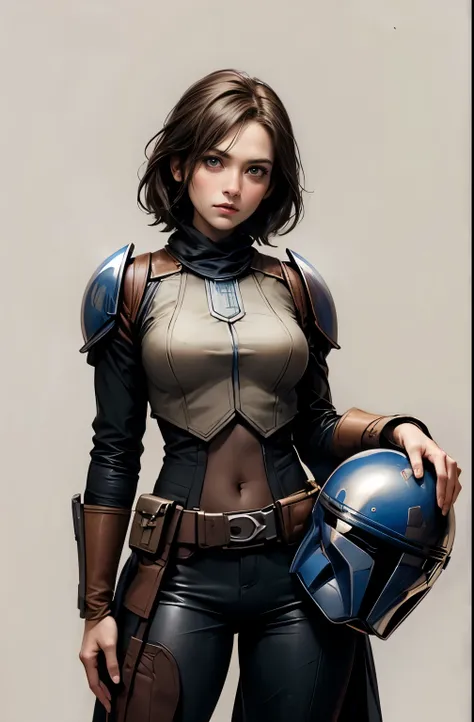 star wars world ,female mandalorian, can see the face, slender beauty ,holding helmet in right hand, , ,Slimming, slender, gentle eyes, flows from my crotch