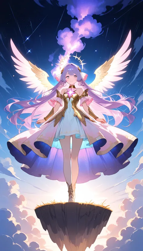 A young anime-style female warrior stands on a floating cliff above glowing clouds. She has radiant light wings, long flowing hair, and wears a mix of ethereal armor and a flowing dress with magical trance-like symbols. Her eyes are dreamy but strong. The ...