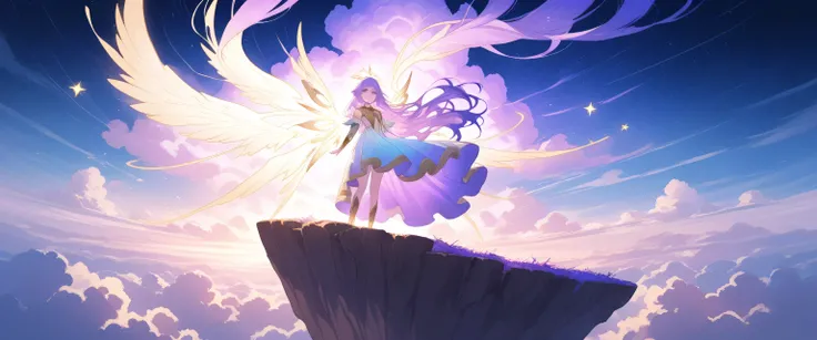 A young anime-style female warrior stands on a floating cliff above glowing clouds. She has radiant light wings, long flowing hair, and wears a mix of ethereal armor and a flowing dress with magical trance-like symbols. Her eyes are dreamy but strong. The ...