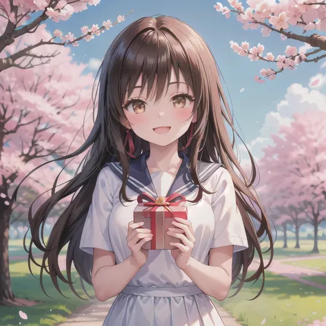 A breathtakingly beautiful 20-year-old woman stands in a lush park filled with cherry blossoms in full bloom beneath a clear blue sky. She wears a classic sailor uniform and gently holds a small, neatly wrapped gift box adorned with a red ribbon. Her radia...