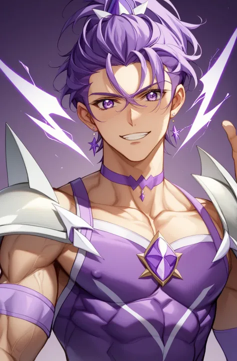 score 9 、score 8 up、score 7 up、source anime、masterpiece、Highest Quality、high resolution、anime coloring、1boy、cure sword、(male:1.5)、Boy character with purple hair、high short ponytail hair、spade shape hair ornament、solo、portrait of Magic Boy、boy in purple dre...