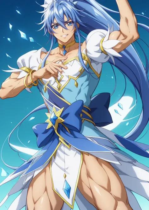 score 9 、score 8 up、score 7 up、source anime、masterpiece、Highest Quality、high resolution、anime coloring、1boy、cure diamond、(male:1.5)、Boy character with blue hair、high long ponytail hair、dia shape hair ornament、solo、portrait of Magic Boy、Boy in a blue dress、...