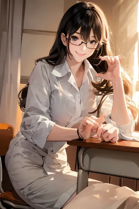 A gentle, kind-looking 27-year-old female school nurse smiling softly in a health office, wearing a white lab coat over casual office attire, sitting near a medical bed with sunlight filtering through the curtains, warm and comforting atmosphere, anime sty...