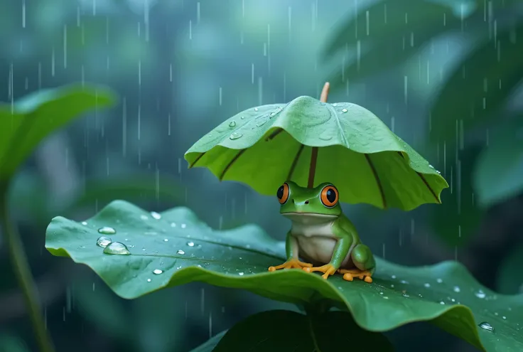 what is the little frog that sits on the green leaf、I use it like an umbrella in a place where the small leaves are blue々とした場所で傘のように使っています, Rainy setting.
